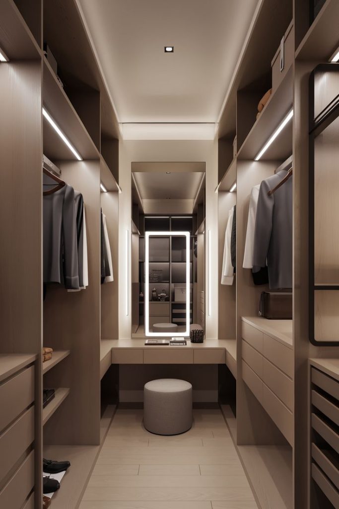 Modern Small Walk-In Closet with Built-In Storage Solutions